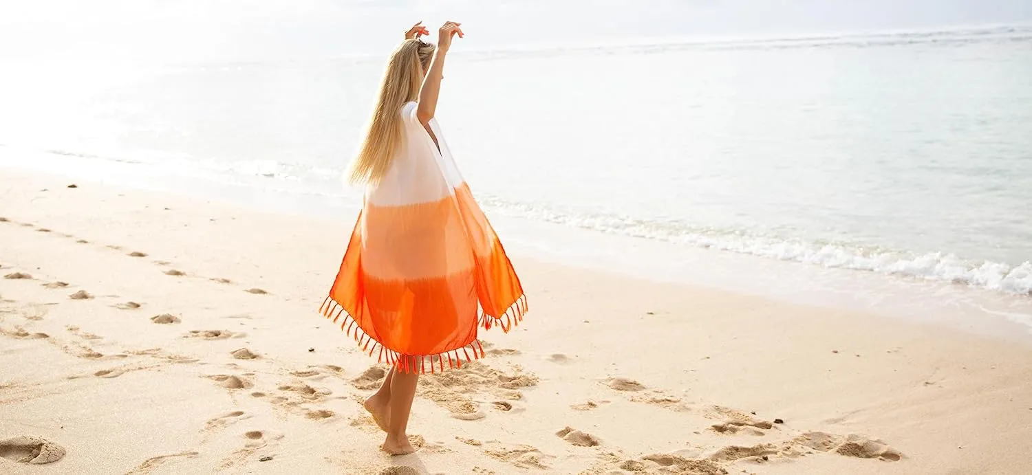SHU-SHI Womens Kimono Cardigan Fringe Ombre Swimwear Extra Wide Flowy Robe Beach Cover Up Open Front