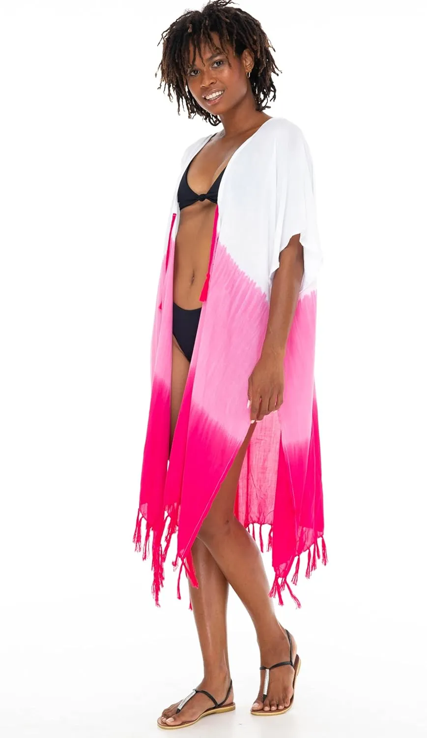 SHU-SHI Womens Kimono Cardigan Fringe Ombre Swimwear Extra Wide Flowy Robe Beach Cover Up Open Front