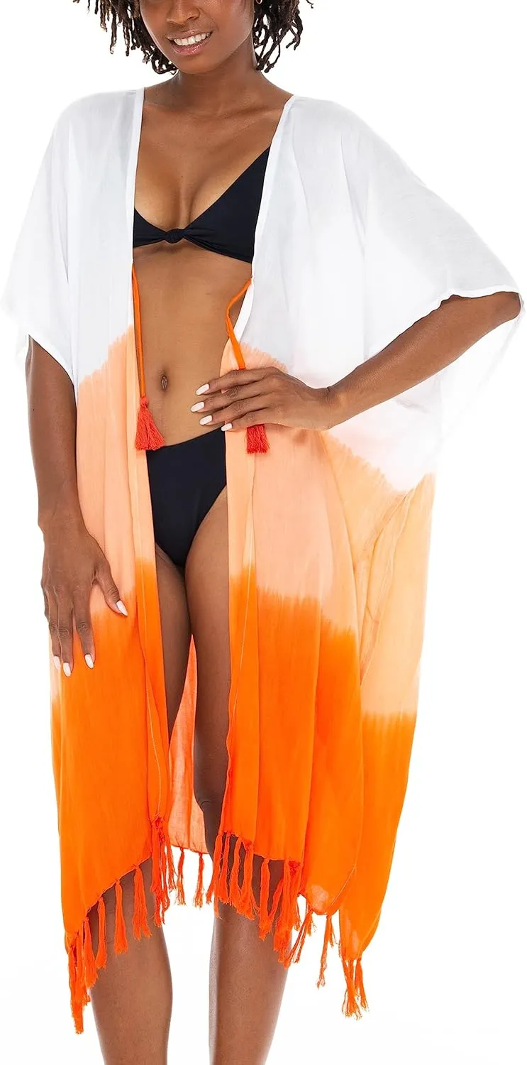 SHU-SHI Womens Kimono Cardigan Fringe Ombre Swimwear Extra Wide Flowy Robe Beach Cover Up Open Front