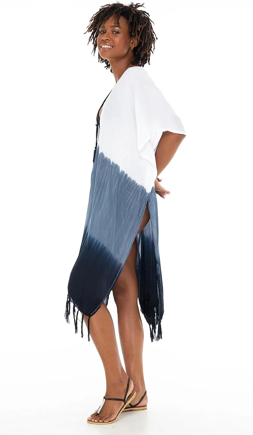 SHU-SHI Womens Kimono Cardigan Fringe Ombre Swimwear Extra Wide Flowy Robe Beach Cover Up Open Front