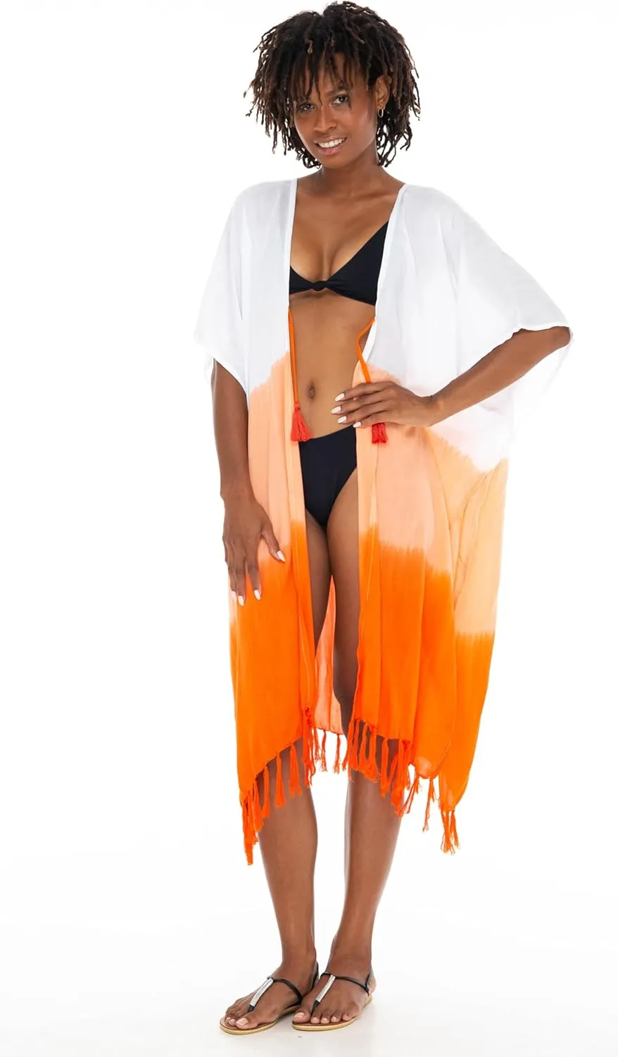 SHU-SHI Womens Kimono Cardigan Fringe Ombre Swimwear Extra Wide Flowy Robe Beach Cover Up Open Front