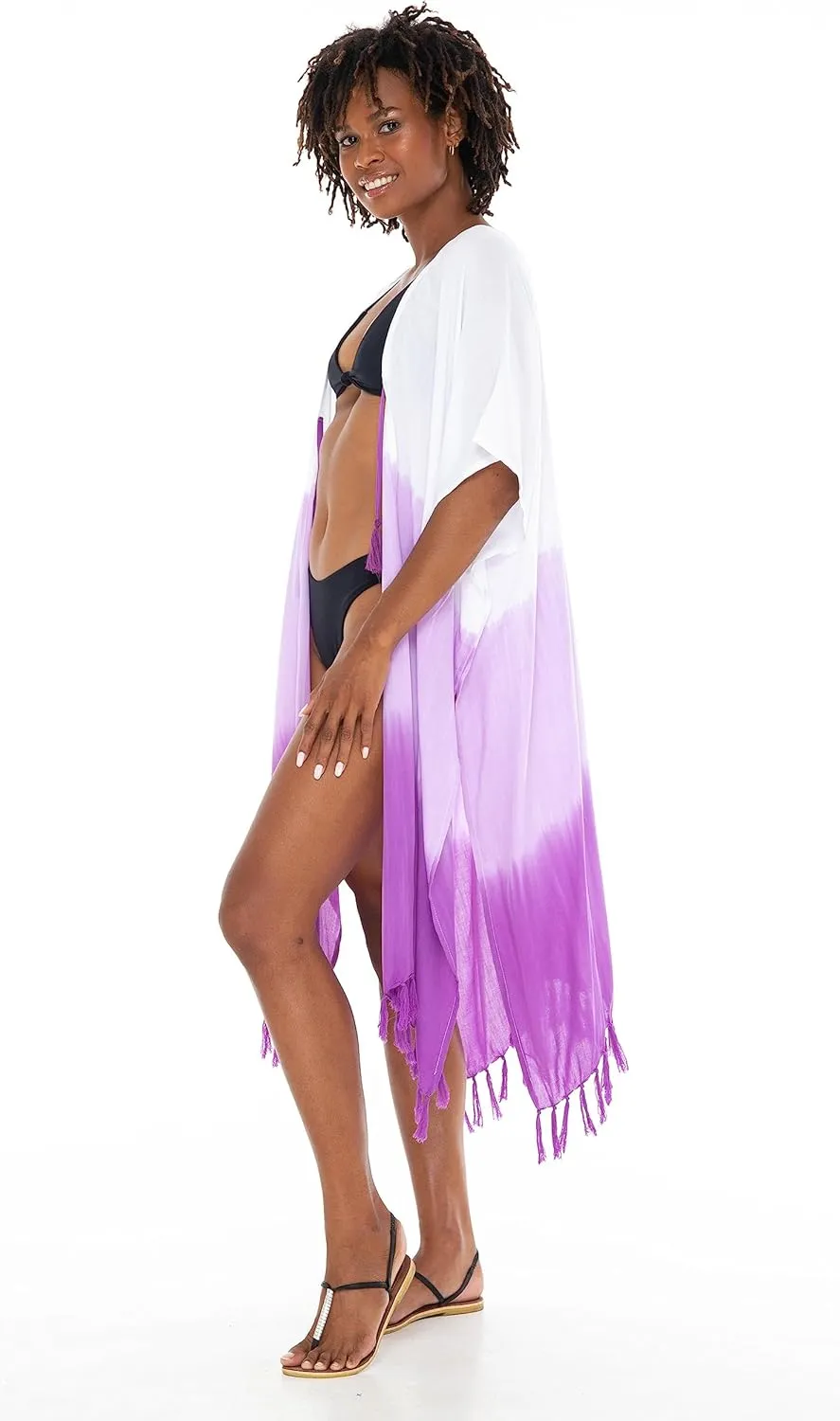SHU-SHI Womens Kimono Cardigan Fringe Ombre Swimwear Extra Wide Flowy Robe Beach Cover Up Open Front