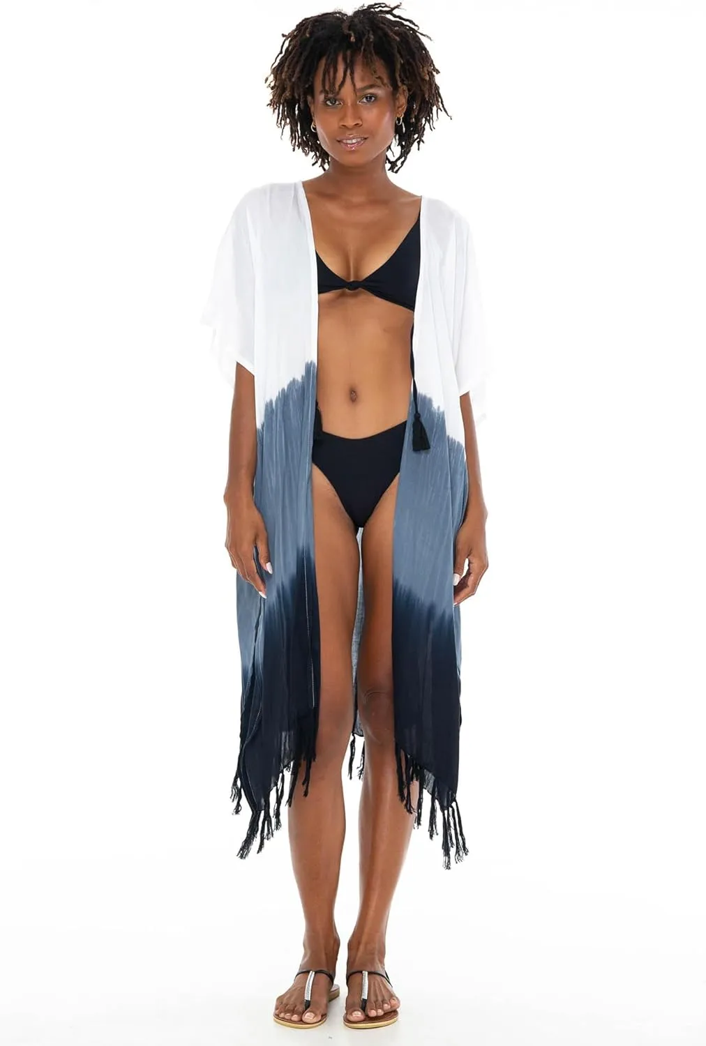 SHU-SHI Womens Kimono Cardigan Fringe Ombre Swimwear Extra Wide Flowy Robe Beach Cover Up Open Front