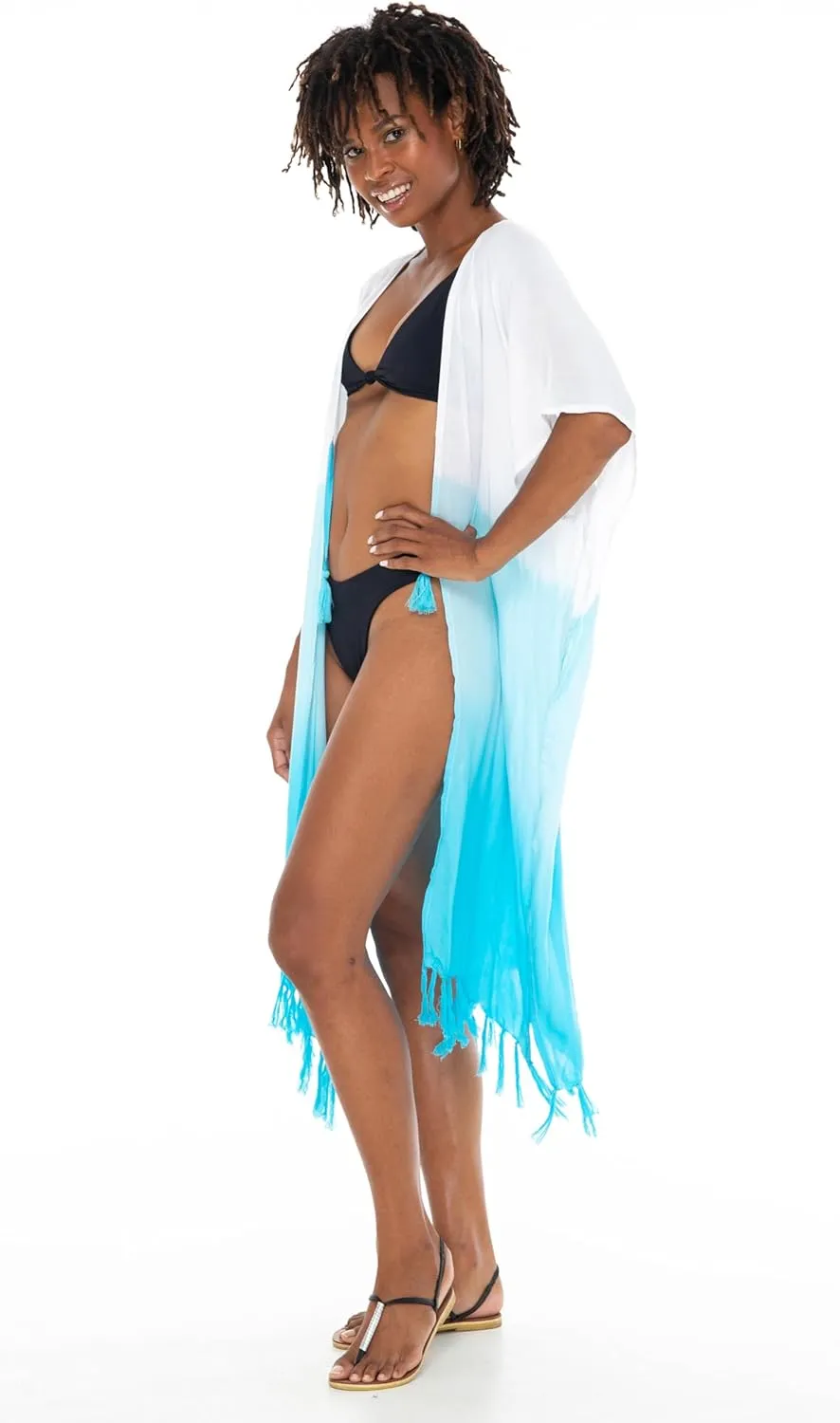 SHU-SHI Womens Kimono Cardigan Fringe Ombre Swimwear Extra Wide Flowy Robe Beach Cover Up Open Front