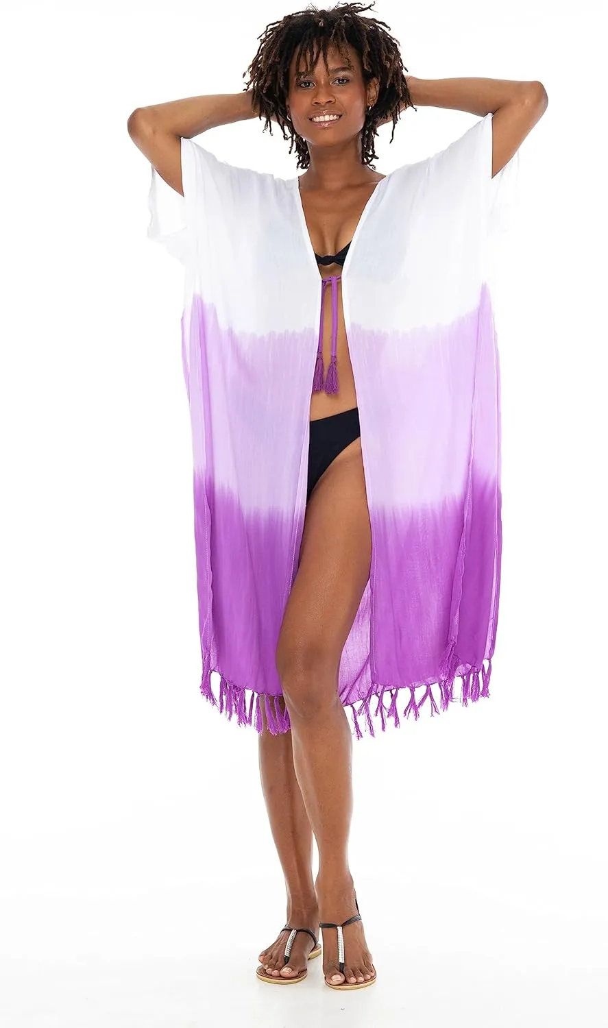 SHU-SHI Womens Kimono Cardigan Fringe Ombre Swimwear Extra Wide Flowy Robe Beach Cover Up Open Front