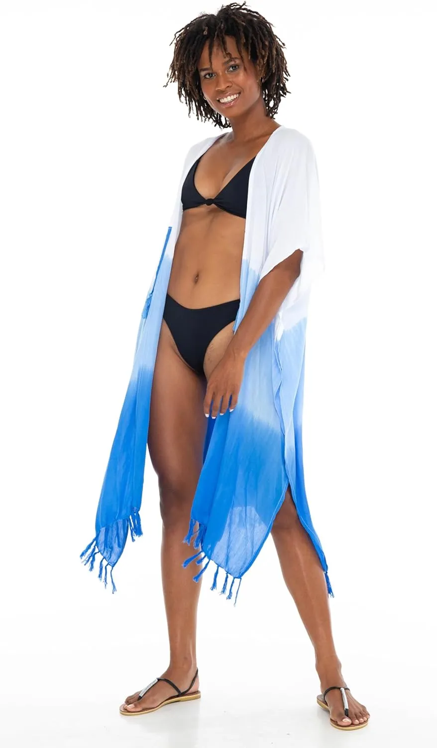 SHU-SHI Womens Kimono Cardigan Fringe Ombre Swimwear Extra Wide Flowy Robe Beach Cover Up Open Front