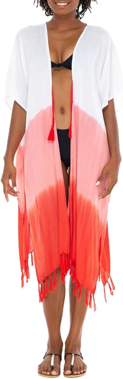 SHU-SHI Womens Kimono Cardigan Fringe Ombre Swimwear Extra Wide Flowy Robe Beach Cover Up Open Front