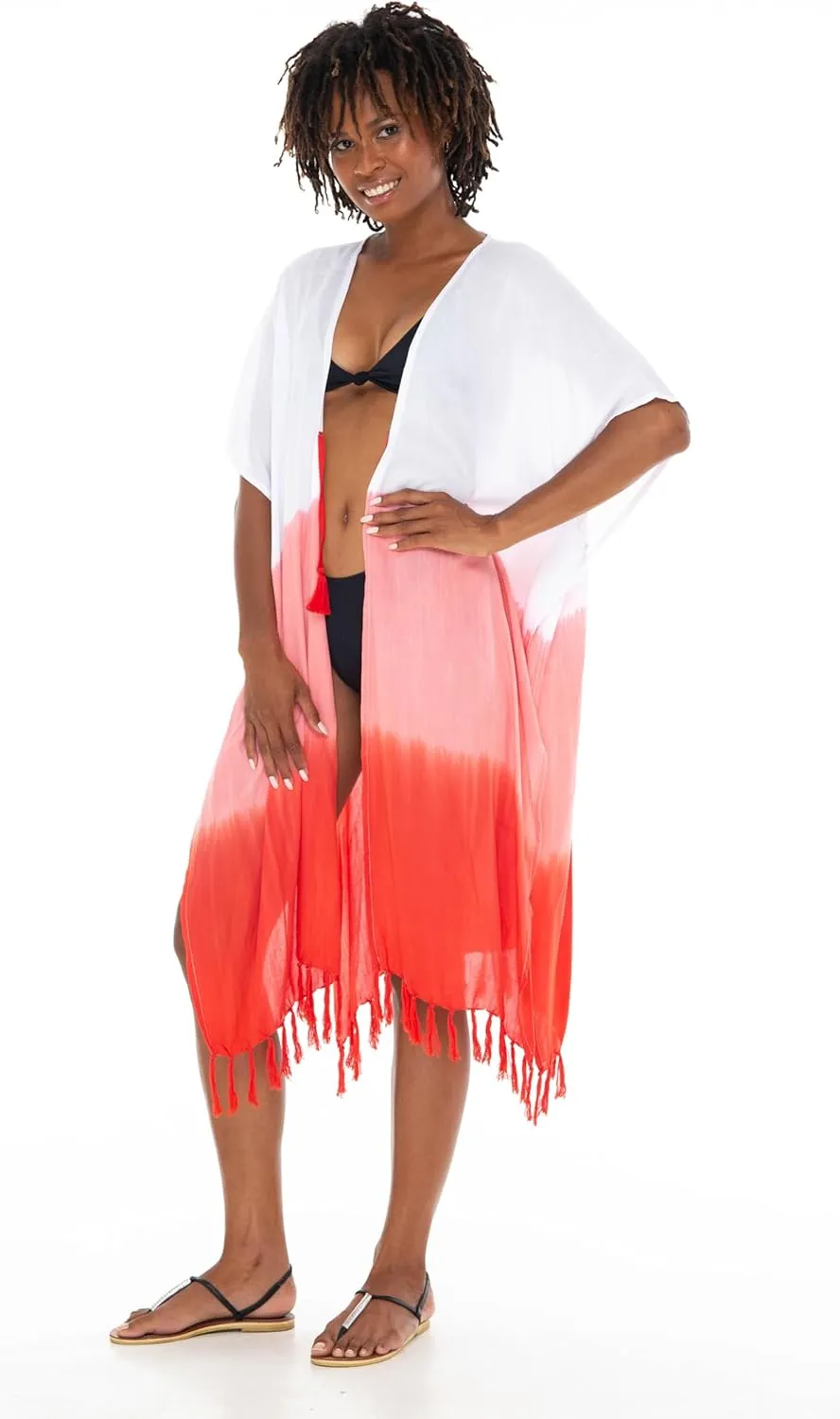 SHU-SHI Womens Kimono Cardigan Fringe Ombre Swimwear Extra Wide Flowy Robe Beach Cover Up Open Front