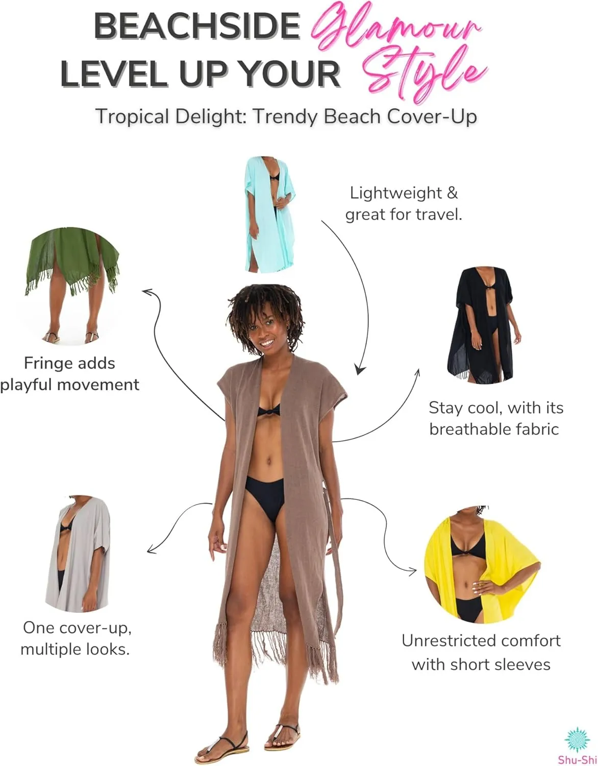 SHU-SHI Womens Kimono Cardigan Fringe Swimwear Robe Beach Cover Up Open Front Solid Color