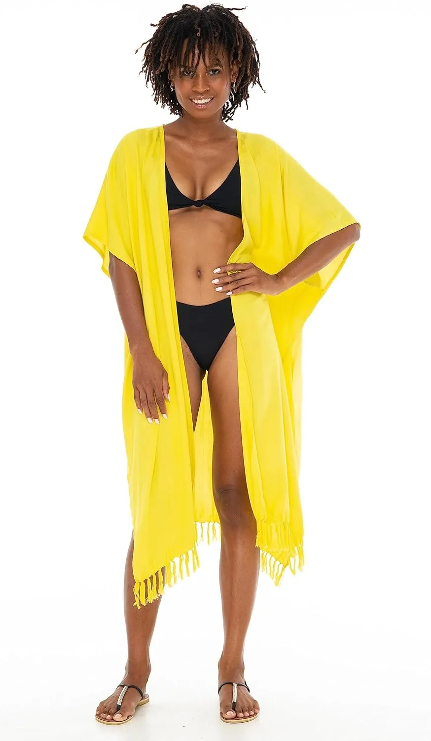SHU-SHI Womens Kimono Cardigan Fringe Swimwear Robe Beach Cover Up Open Front Solid Color