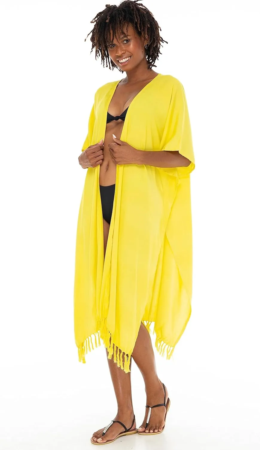 SHU-SHI Womens Kimono Cardigan Fringe Swimwear Robe Beach Cover Up Open Front Solid Color