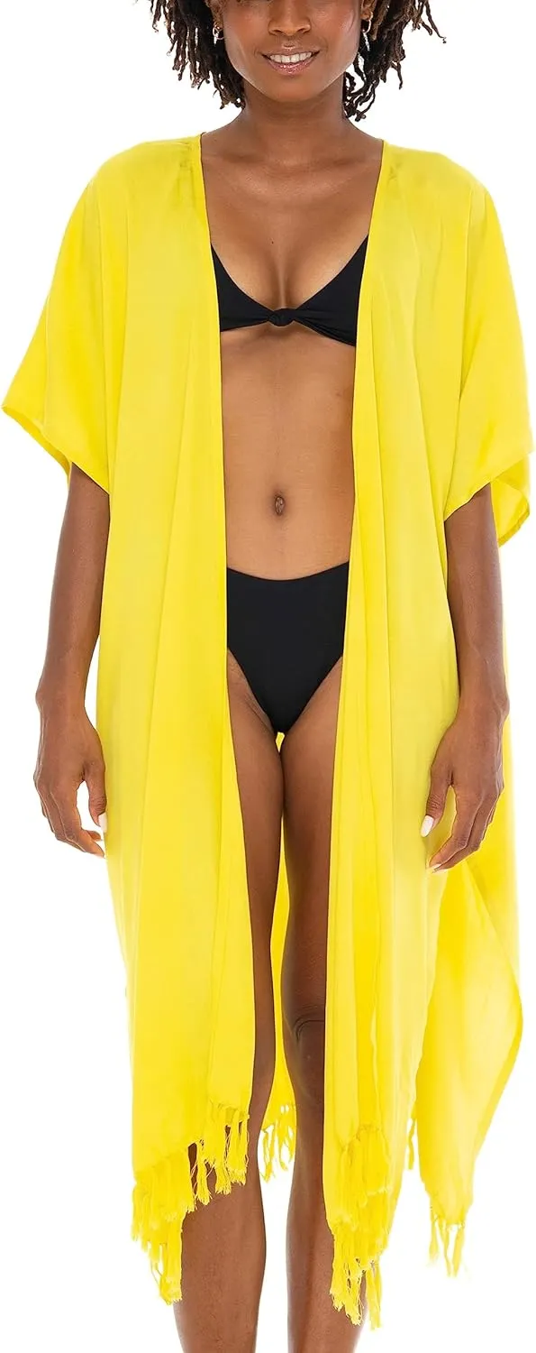 SHU-SHI Womens Kimono Cardigan Fringe Swimwear Robe Beach Cover Up Open Front Solid Color