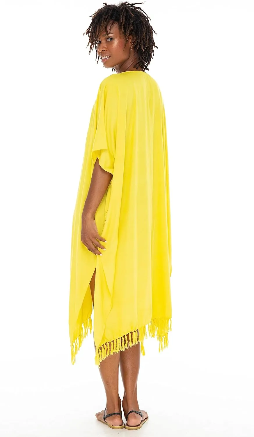 SHU-SHI Womens Kimono Cardigan Fringe Swimwear Robe Beach Cover Up Open Front Solid Color