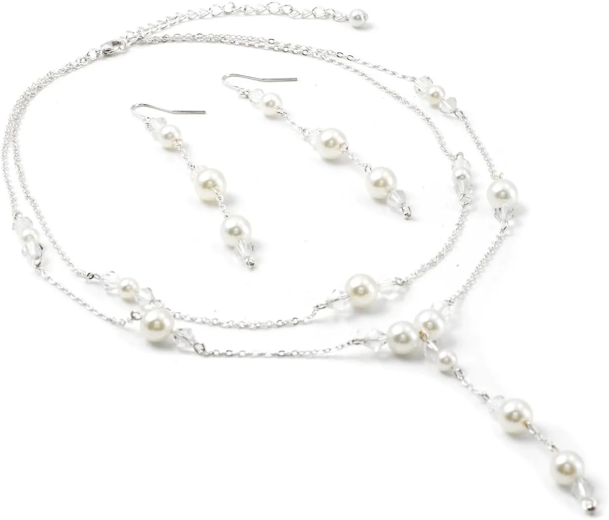 Silver Crystal Rhinestone White Pearl Two Layer Accent Necklace with Dangle Center & Matching Dangle Pearl Accent Earrings Jewelry Set
