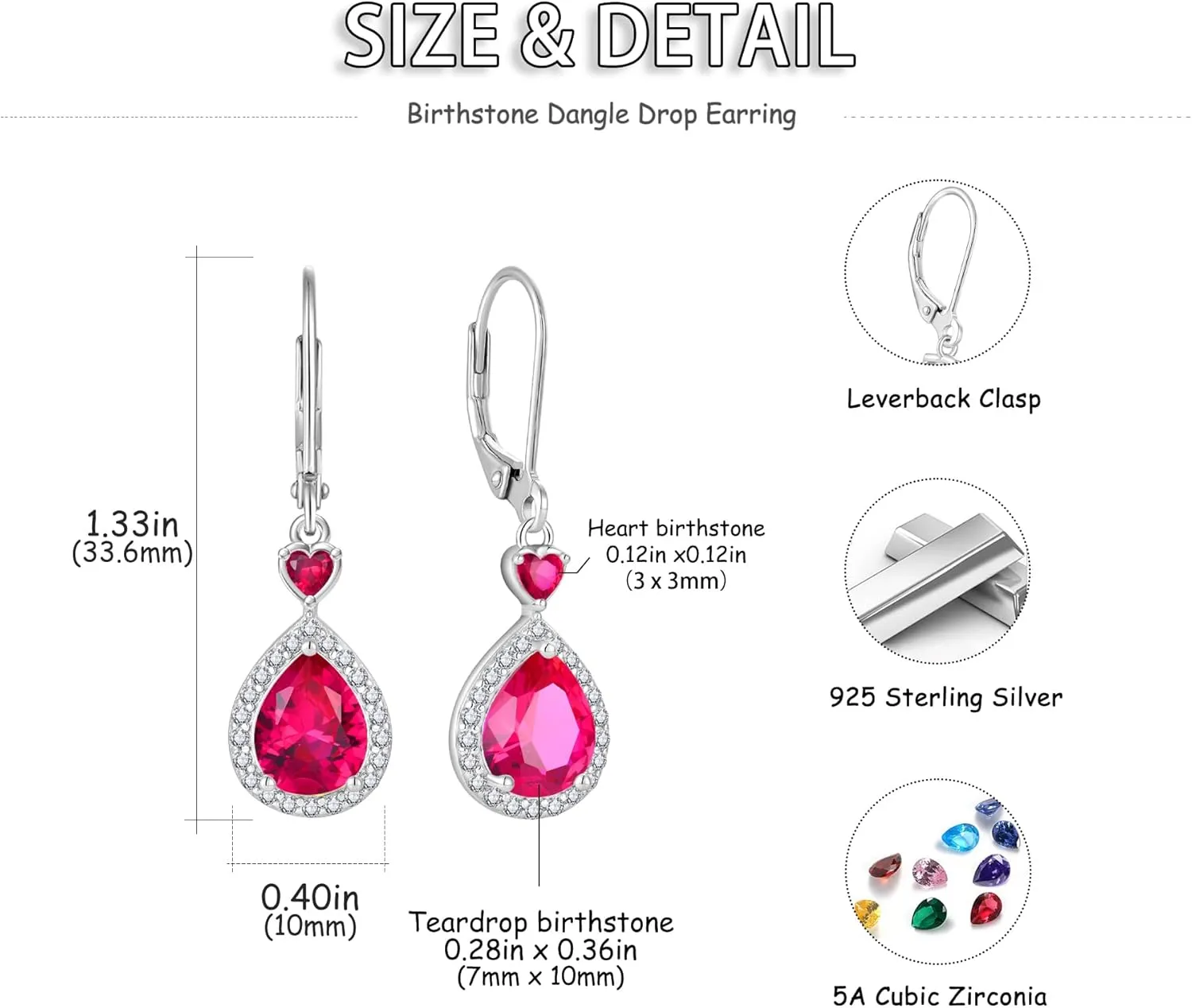Silver Cubic Zirconia Earrings Halo Leverback Earrings with Heart & Teardrop Birthstone Gemstone 925 Sterling Silver Drop Dangle Crystal Jewelry for Women
