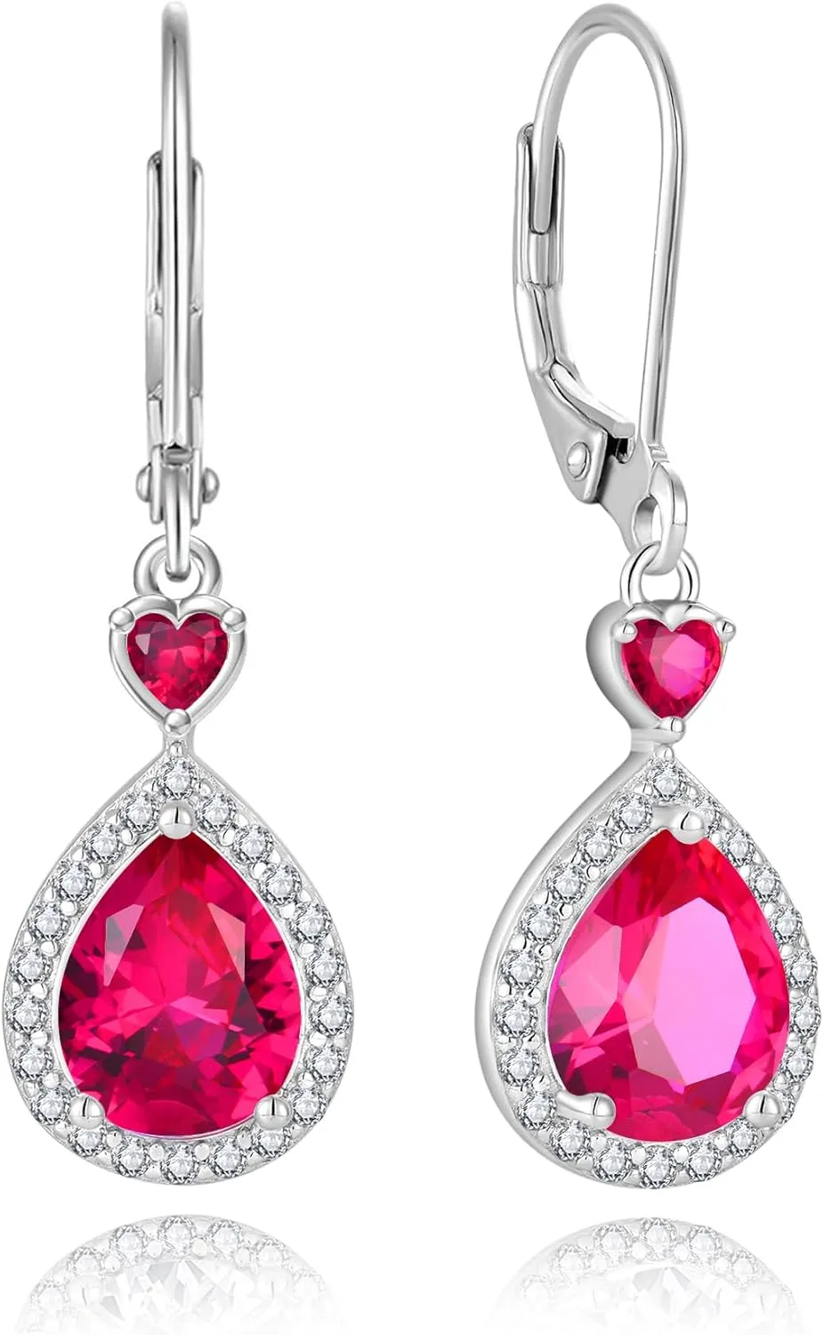 Silver Cubic Zirconia Earrings Halo Leverback Earrings with Heart & Teardrop Birthstone Gemstone 925 Sterling Silver Drop Dangle Crystal Jewelry for Women