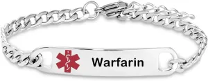 Silver Medical Alert Warfarin Bracelets for Women Mens Engraved Stainless Steel First Aid Emergency Bracelets