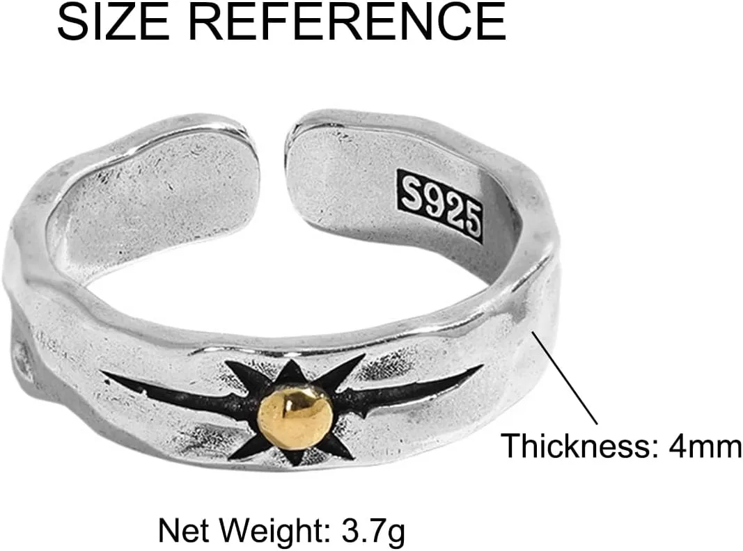 Silver Sun Ring for Men Vintage Silver Open Adjustable Hip Hop Punk Rock Statement Band Rings Unique Jewelry Stackable Rings For Women Men Gothic Style Birthday Gift Friendship