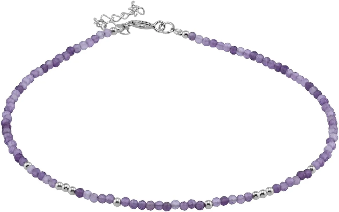Silvershake 2MM Petite Gemstone Bead 925 Sterling Silver Minimalist 9.5 to 10.5 Inch Adjustable Anklet Jewelry for Women or Teens