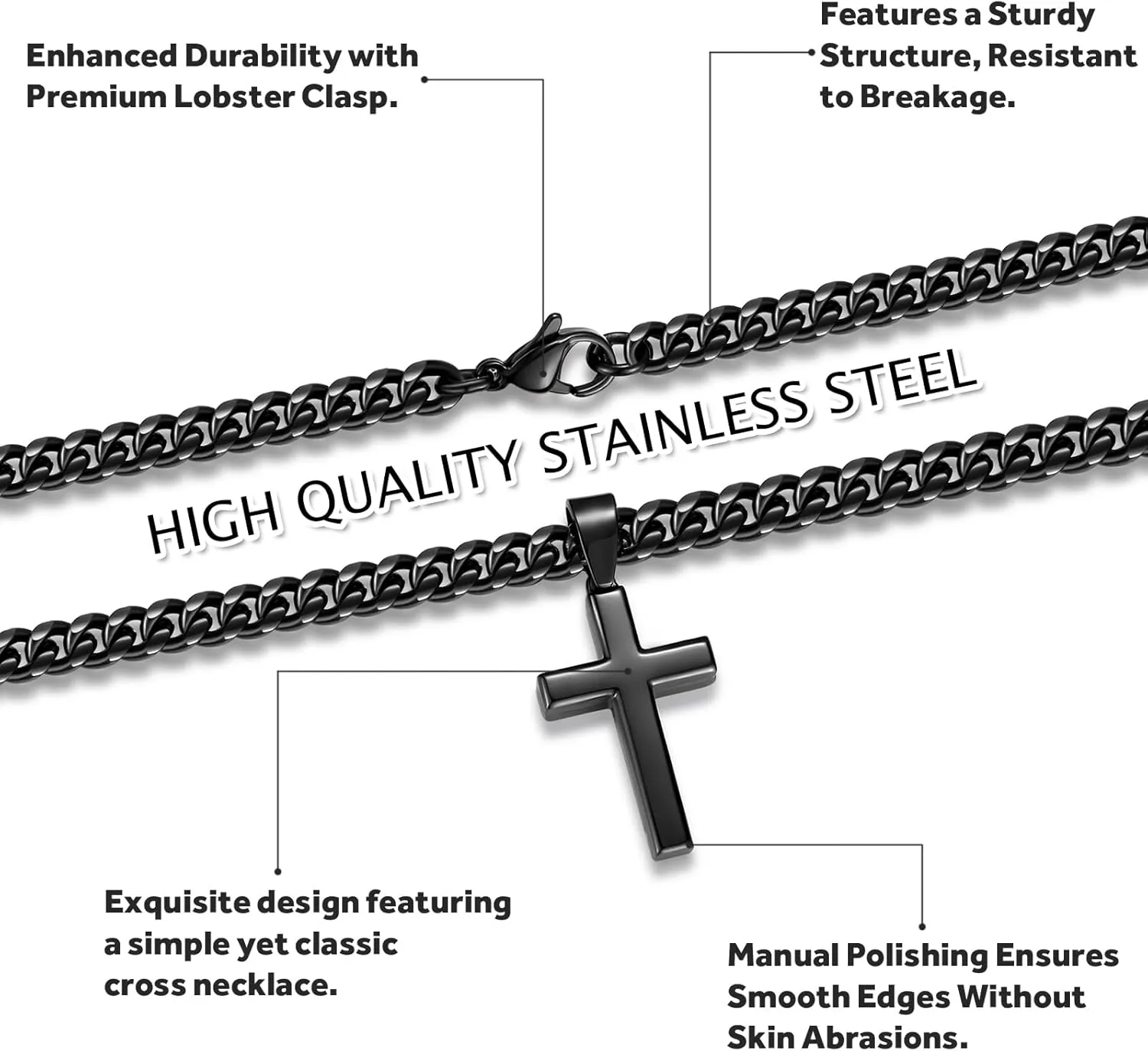 Simple Cross Necklace for Men Women with 18-26 Inch Chunky Cuban Chain, Durable Stainless Steel Black Gold Silver Cross Pendant Necklace for Men Teen Boys Girls with Jewelry Gifts Box