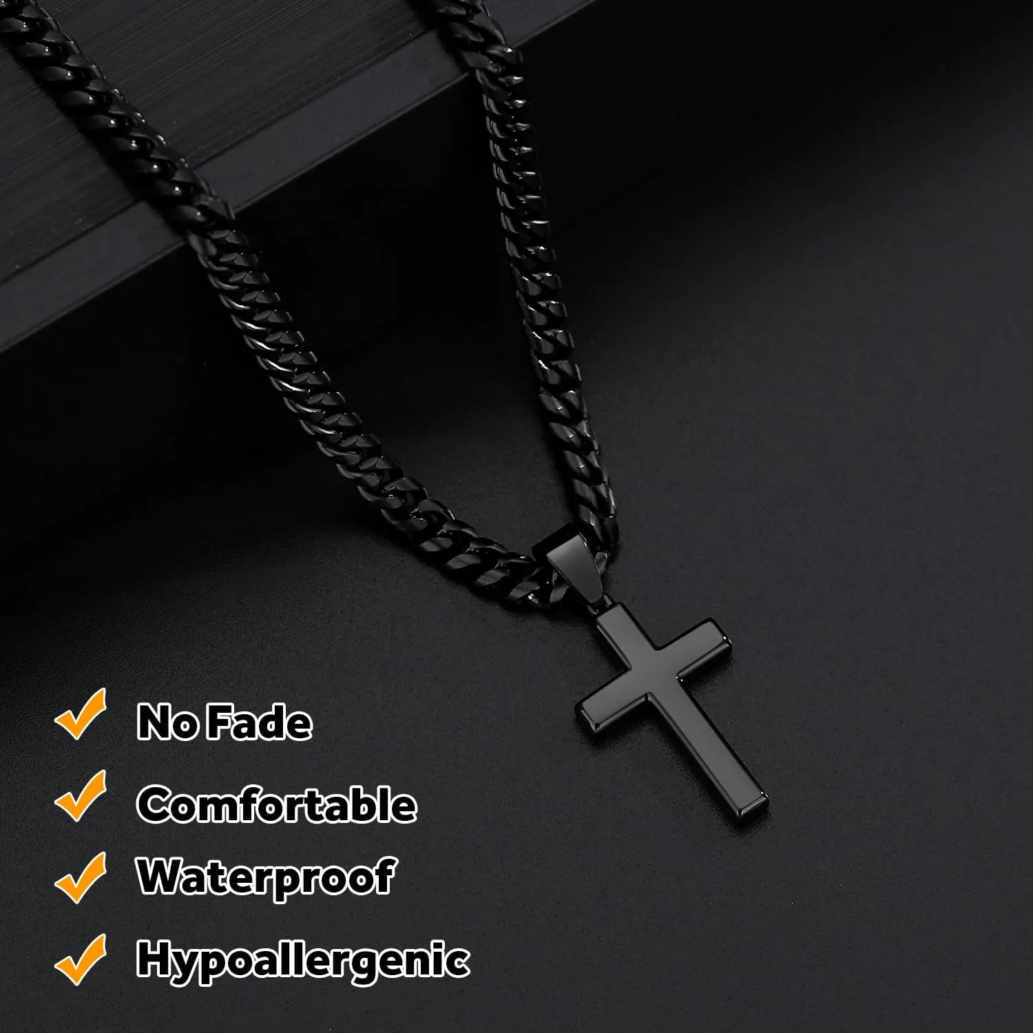 Simple Cross Necklace for Men Women with 18-26 Inch Chunky Cuban Chain, Durable Stainless Steel Black Gold Silver Cross Pendant Necklace for Men Teen Boys Girls with Jewelry Gifts Box