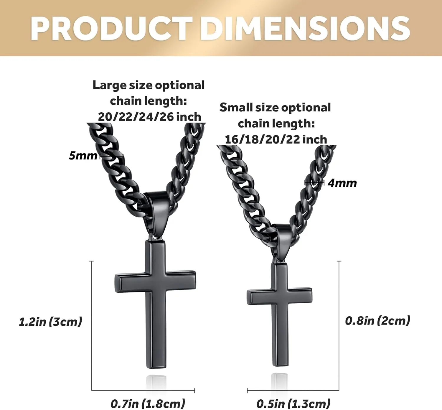 Simple Cross Necklace for Men Women with 18-26 Inch Chunky Cuban Chain, Durable Stainless Steel Black Gold Silver Cross Pendant Necklace for Men Teen Boys Girls with Jewelry Gifts Box