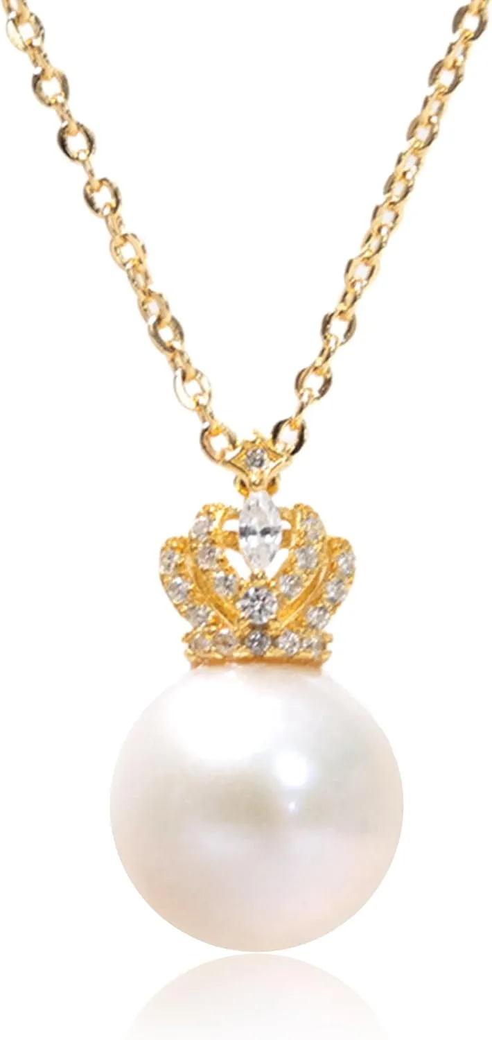 Single Pearl Pendant Necklace for Women 10mm Real Freshwater Cultured Pearl Pendant Necklace Gold Plated Non Tarnish Chain Charm Choker