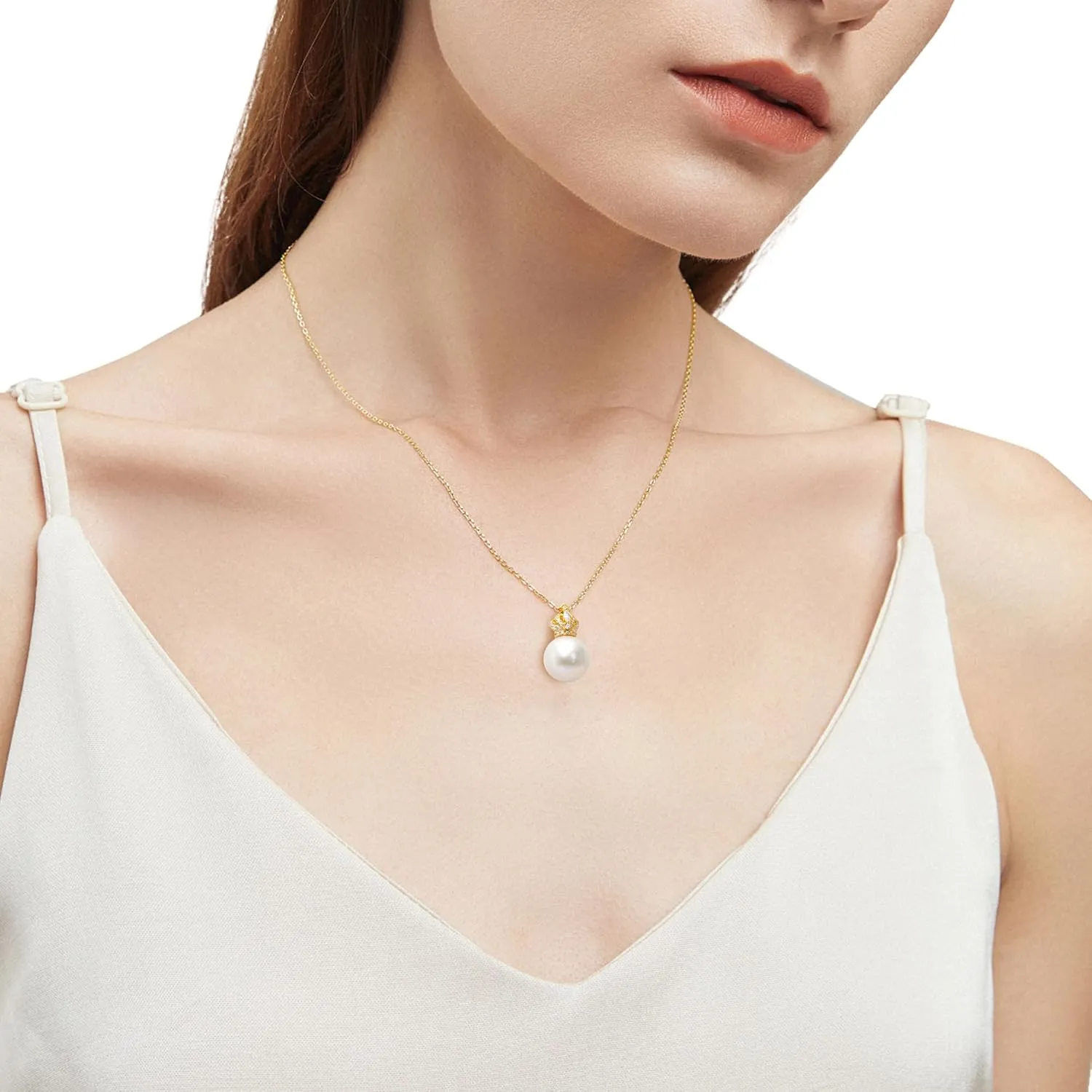 Single Pearl Pendant Necklace for Women 10mm Real Freshwater Cultured Pearl Pendant Necklace Gold Plated Non Tarnish Chain Charm Choker