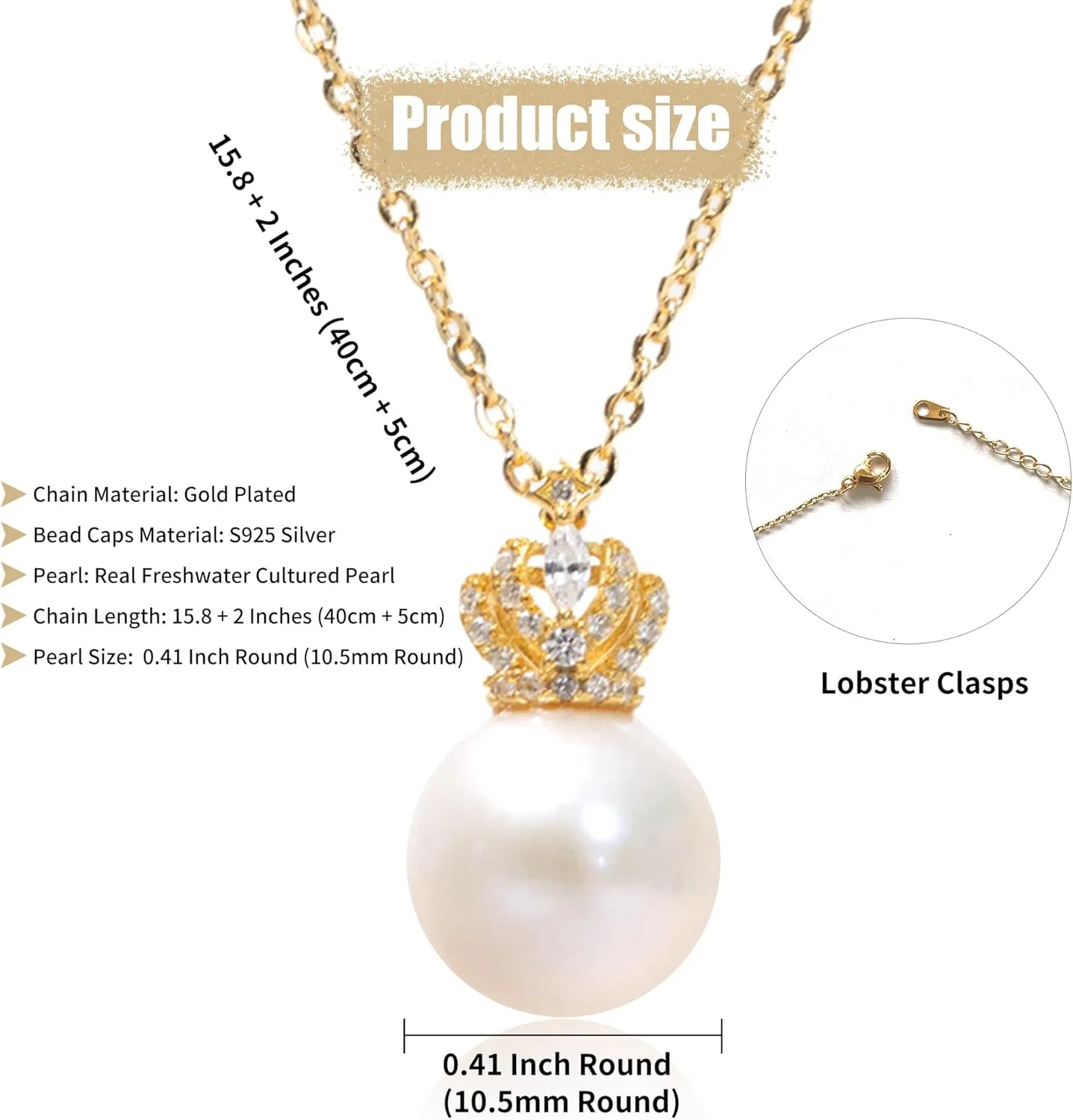 Single Pearl Pendant Necklace for Women 10mm Real Freshwater Cultured Pearl Pendant Necklace Gold Plated Non Tarnish Chain Charm Choker