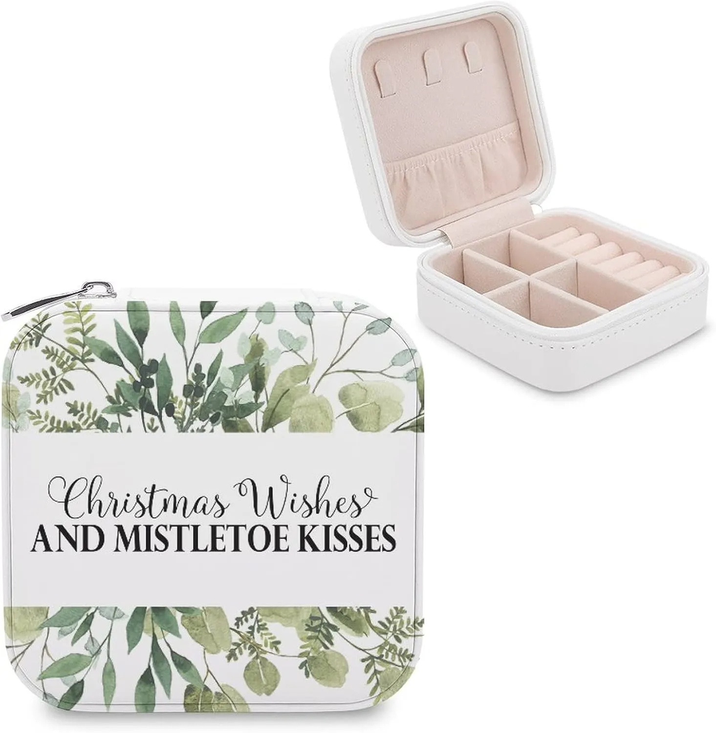 Small Travel Jewelry Box Organizer Display Storage Case for Rings Earrings Necklace, Gifts for Woman Girlfriend Bestie, Christmas Wishes And Mistletoe Kisses