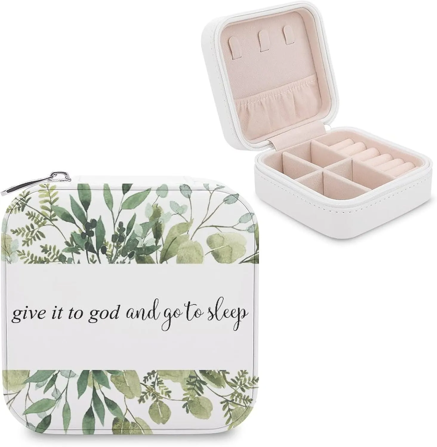 Small Travel Jewelry Box Organizer Display Storage Case for Rings Earrings Necklace, Gifts for Woman Girlfriend Bestie, Give It to God And Go to Sleep