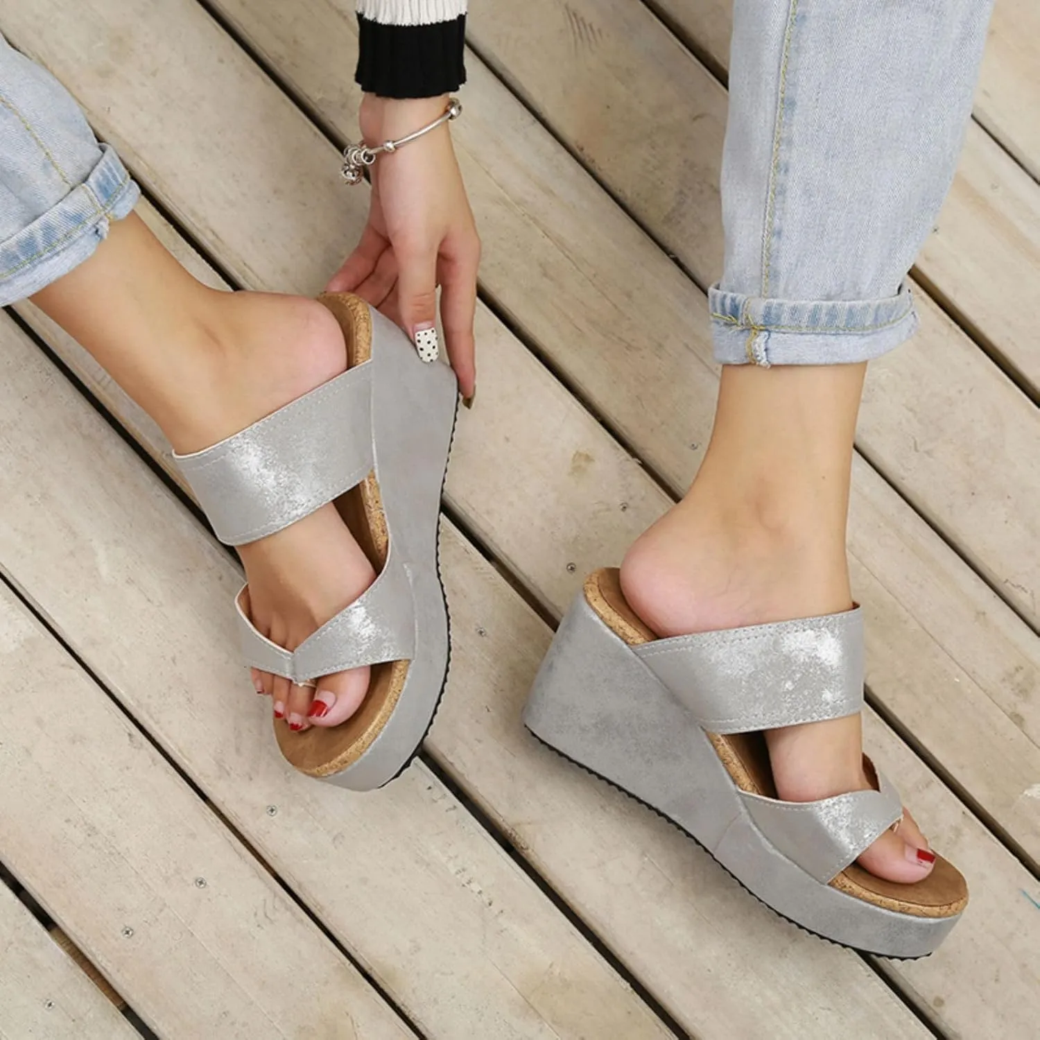 Smoneyful Women's Slip On Wedge Sandals Thong High Wedge Heel Platform Flip Flops Comfort Dressy Summer Peep Toe Espadrilles Beach Slippers Sandals