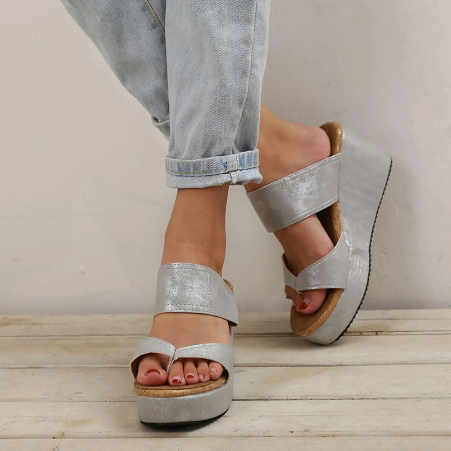 Smoneyful Women's Slip On Wedge Sandals Thong High Wedge Heel Platform Flip Flops Comfort Dressy Summer Peep Toe Espadrilles Beach Slippers Sandals