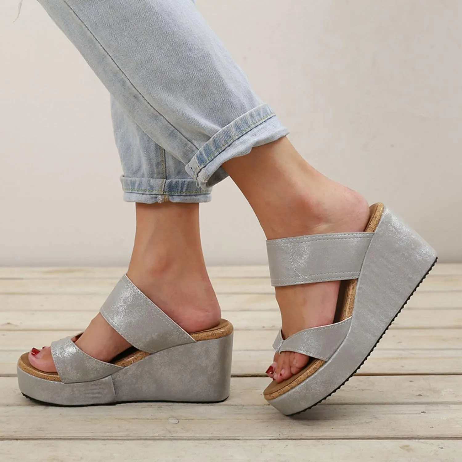 Smoneyful Women's Slip On Wedge Sandals Thong High Wedge Heel Platform Flip Flops Comfort Dressy Summer Peep Toe Espadrilles Beach Slippers Sandals