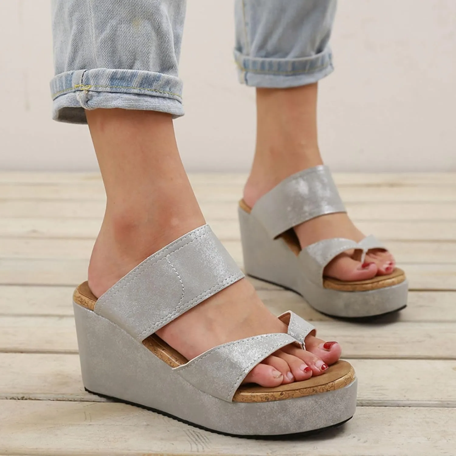 Smoneyful Women's Slip On Wedge Sandals Thong High Wedge Heel Platform Flip Flops Comfort Dressy Summer Peep Toe Espadrilles Beach Slippers Sandals