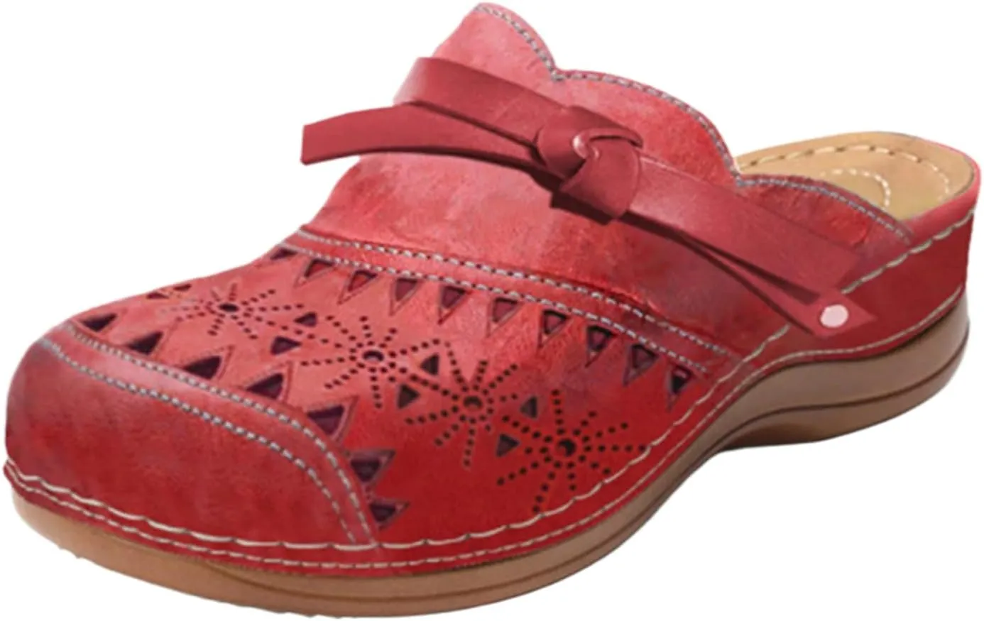 Smoneyful Womens Wide Width Clogs Sandals Wedge Hollow Out Closed Toe Slip Arch Support Outdoor Beach Fashion Casual Round Platform Carved Head Bunny Slippers Sandals