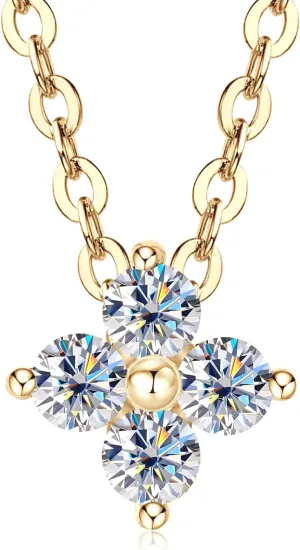 Solid 10K Yellow Gold Pendant Moissanite Necklace for Women, Mothers Day Gifts for Mom Wife, Four Clover Necklace with 925 Sterling Silver Chain, 0.24cttw 2.5mm*4 Moissanite Necklaces Jewelry Gifts