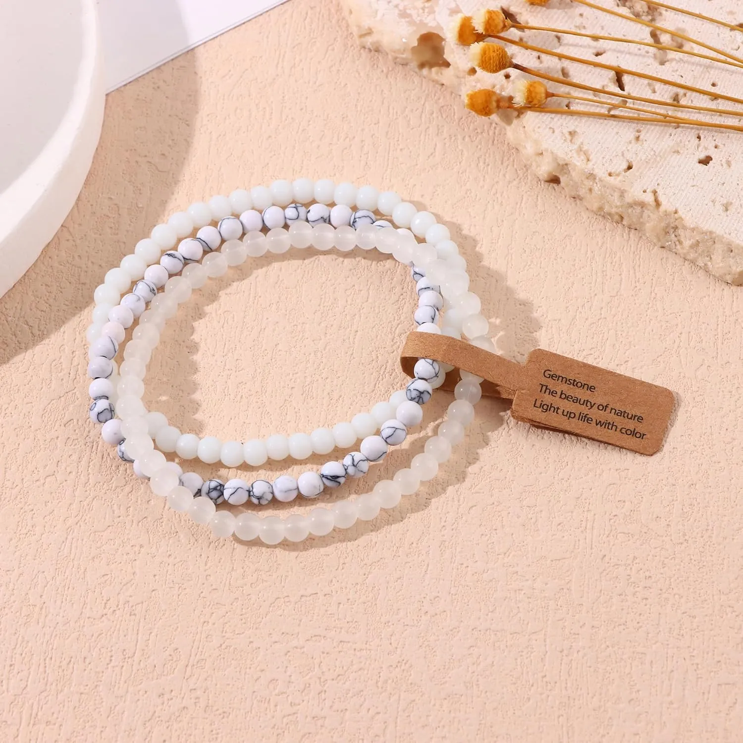SONNYX 3PCS Crystal Bracelets for Women Men 4mm Semi-Precious Gemstone Beaded Bracelets Round Gemstones Elastic Stretch Bracelet Yoga Bracelets Unisex Jewelry