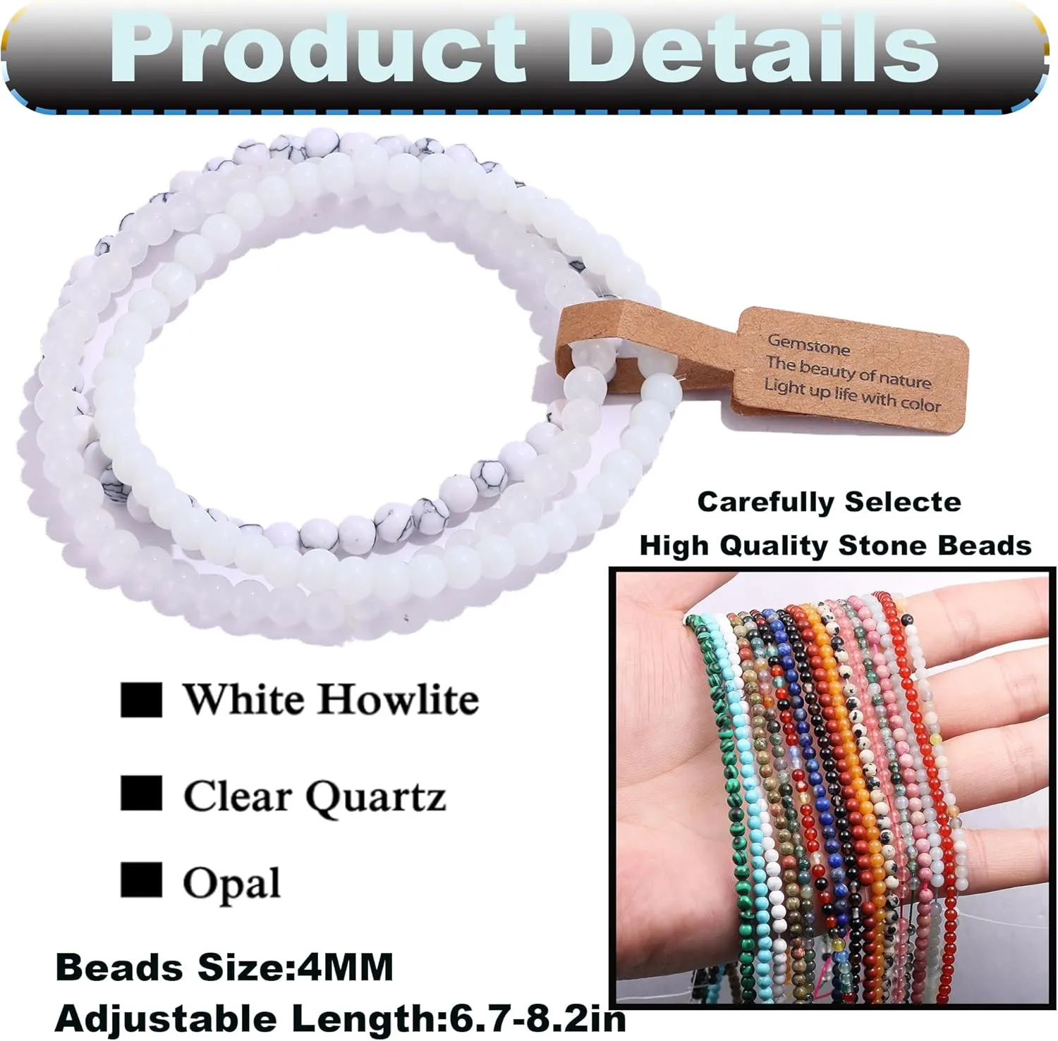 SONNYX 3PCS Crystal Bracelets for Women Men 4mm Semi-Precious Gemstone Beaded Bracelets Round Gemstones Elastic Stretch Bracelet Yoga Bracelets Unisex Jewelry