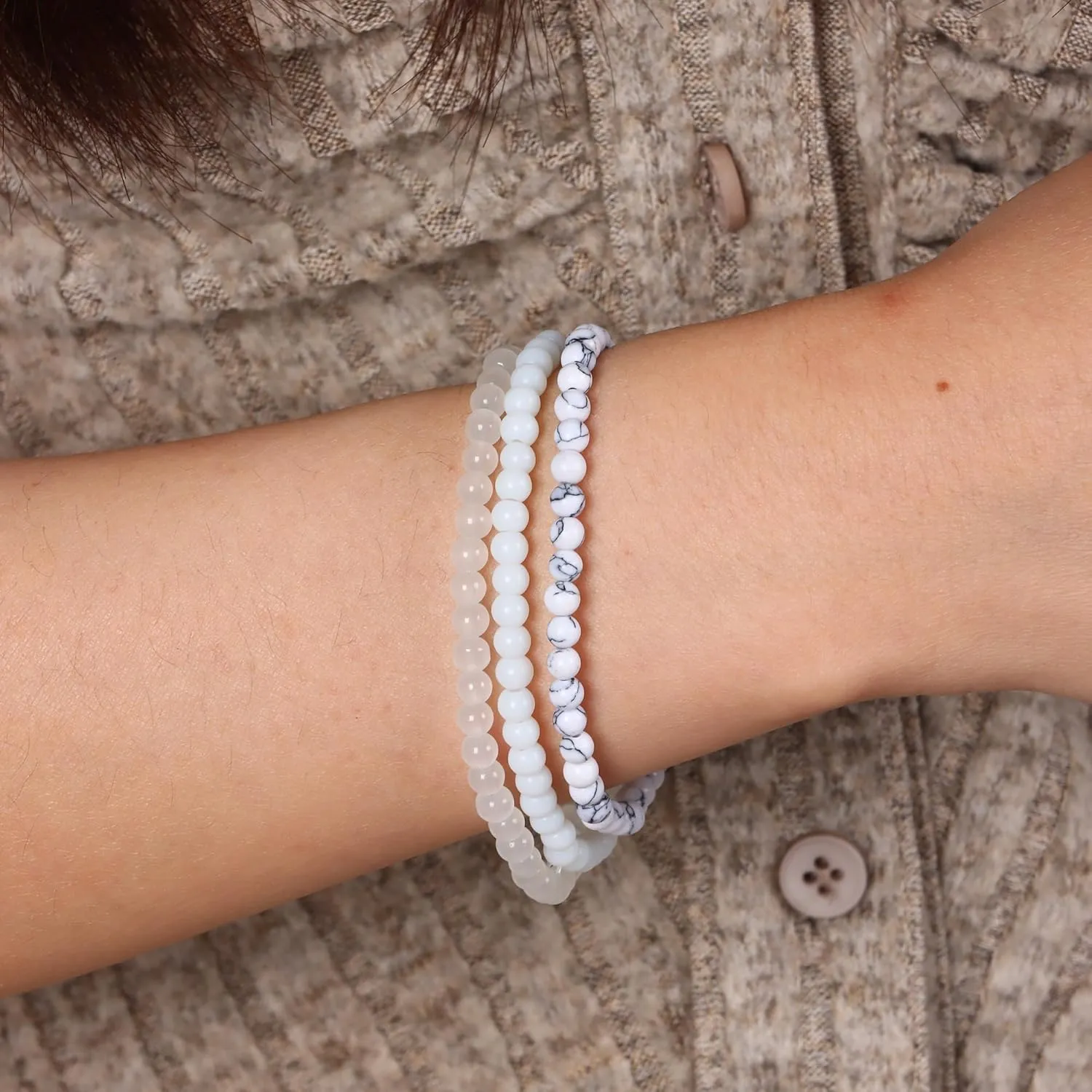 SONNYX 3PCS Crystal Bracelets for Women Men 4mm Semi-Precious Gemstone Beaded Bracelets Round Gemstones Elastic Stretch Bracelet Yoga Bracelets Unisex Jewelry