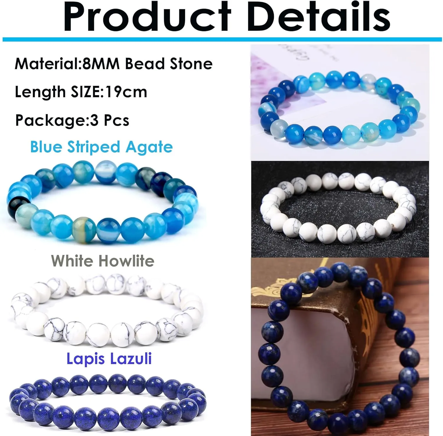 SONNYX 3PCS Crystal Stone Bracelets for Women Men Semi-Precious Gemstone Bracelets 8mm Round Beads Stretch Beaded Bracelet Jewelry