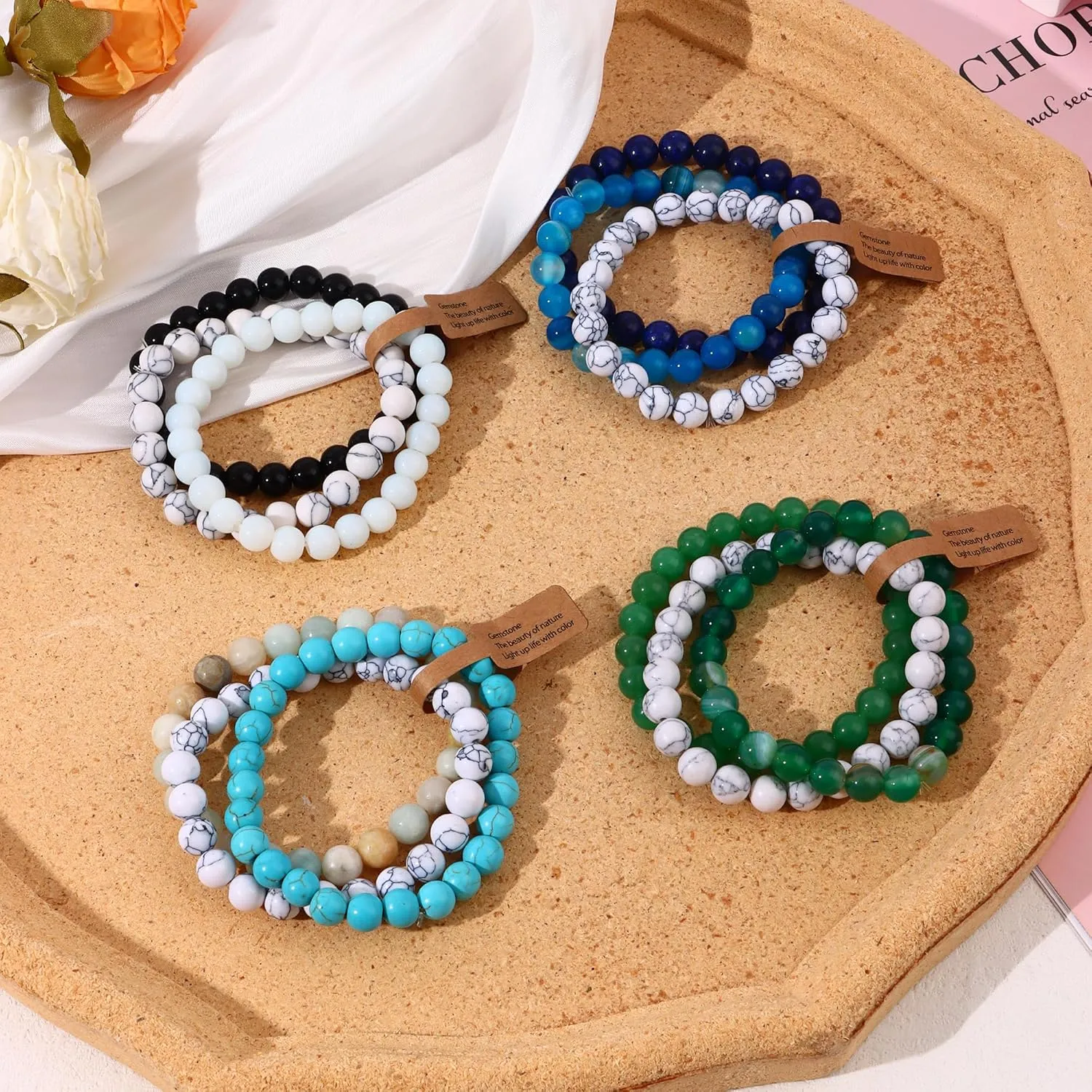SONNYX 3PCS Crystal Stone Bracelets for Women Men Semi-Precious Gemstone Bracelets 8mm Round Beads Stretch Beaded Bracelet Jewelry