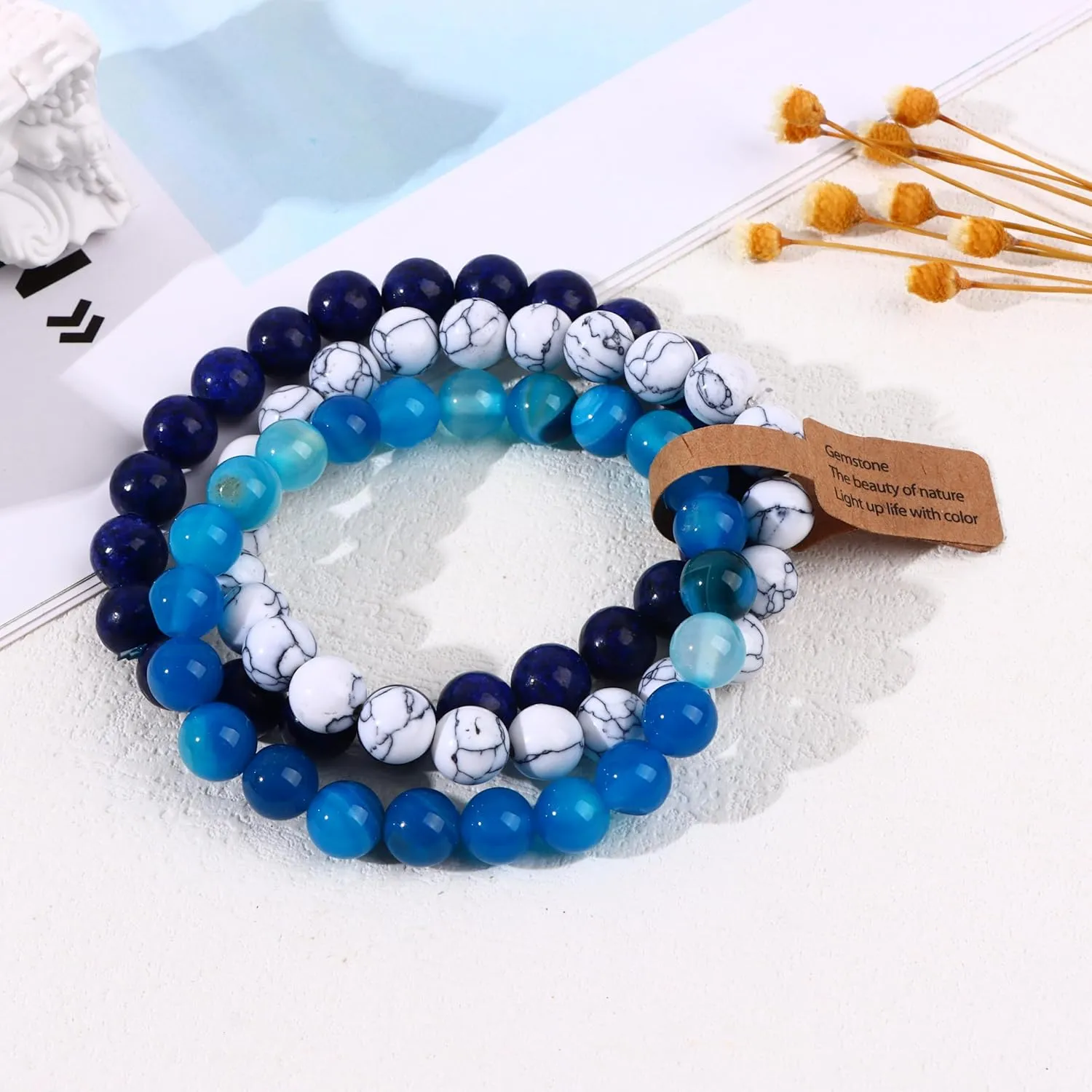 SONNYX 3PCS Crystal Stone Bracelets for Women Men Semi-Precious Gemstone Bracelets 8mm Round Beads Stretch Beaded Bracelet Jewelry