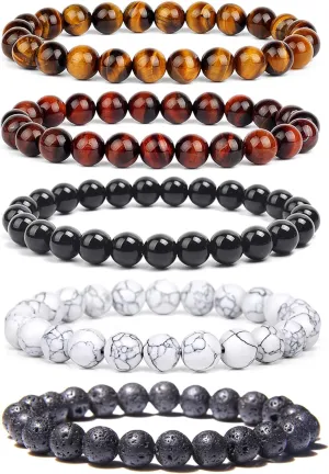 SONNYX 5-7PCS Tiger Eye Bracelet for Men 8MM Natural Stone Beads Bracelet Set Stretch Lava Rock Bracelets Adjustable White Black Crystal Beaded Bracelet for Men Women