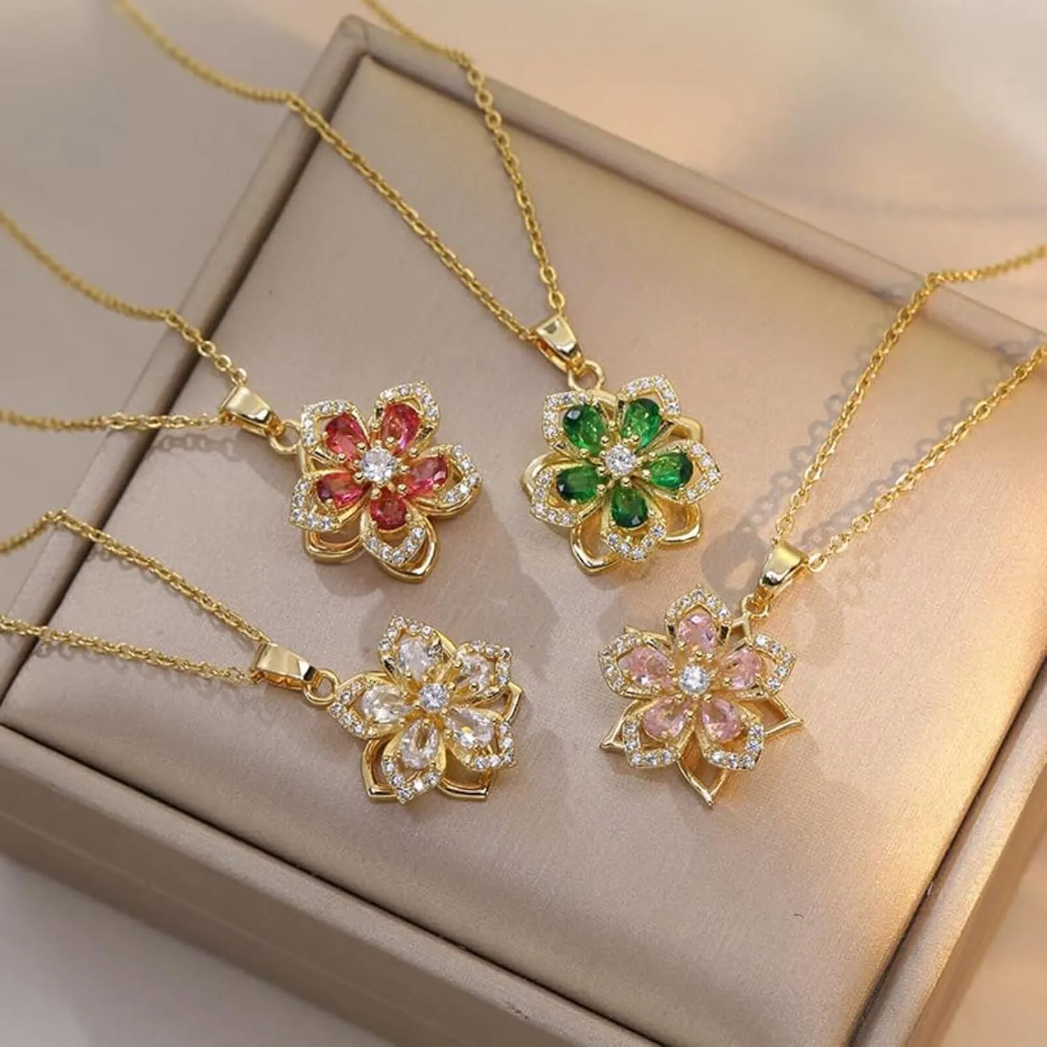Spinning Necklace for Women Gold Flower Fidget Necklaces Rotatable Crystal Blossom Pendant Necklace Adjustable Spinning Fidget Redbud Flower Necklaces Funny Valentine's Day Jewelry
