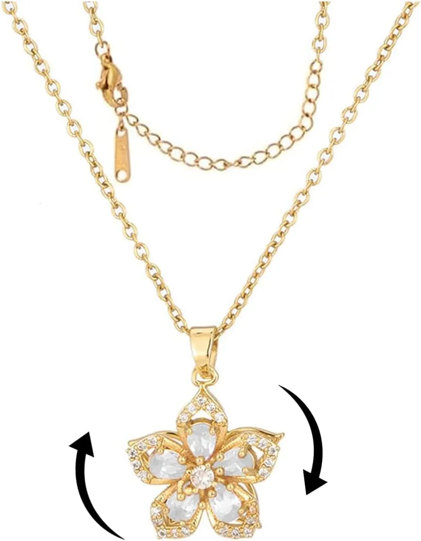 Spinning Necklace for Women Gold Flower Fidget Necklaces Rotatable Crystal Blossom Pendant Necklace Adjustable Spinning Fidget Redbud Flower Necklaces Funny Valentine's Day Jewelry