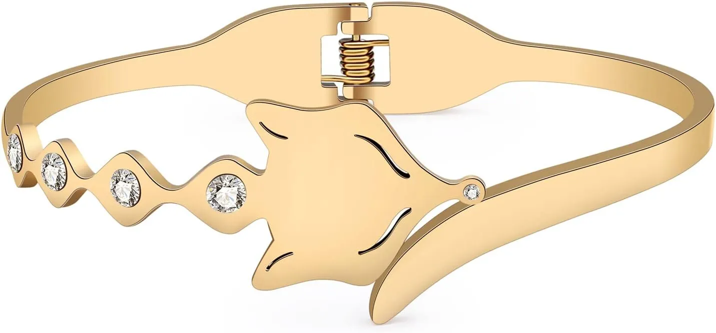Stainless Steel 18K Gold Silver Plated Crystal Cute Fox Bracelets Wild Animals Hollow Out Cuff Bangle Jewelry For Women Friendship Charms Gifts
