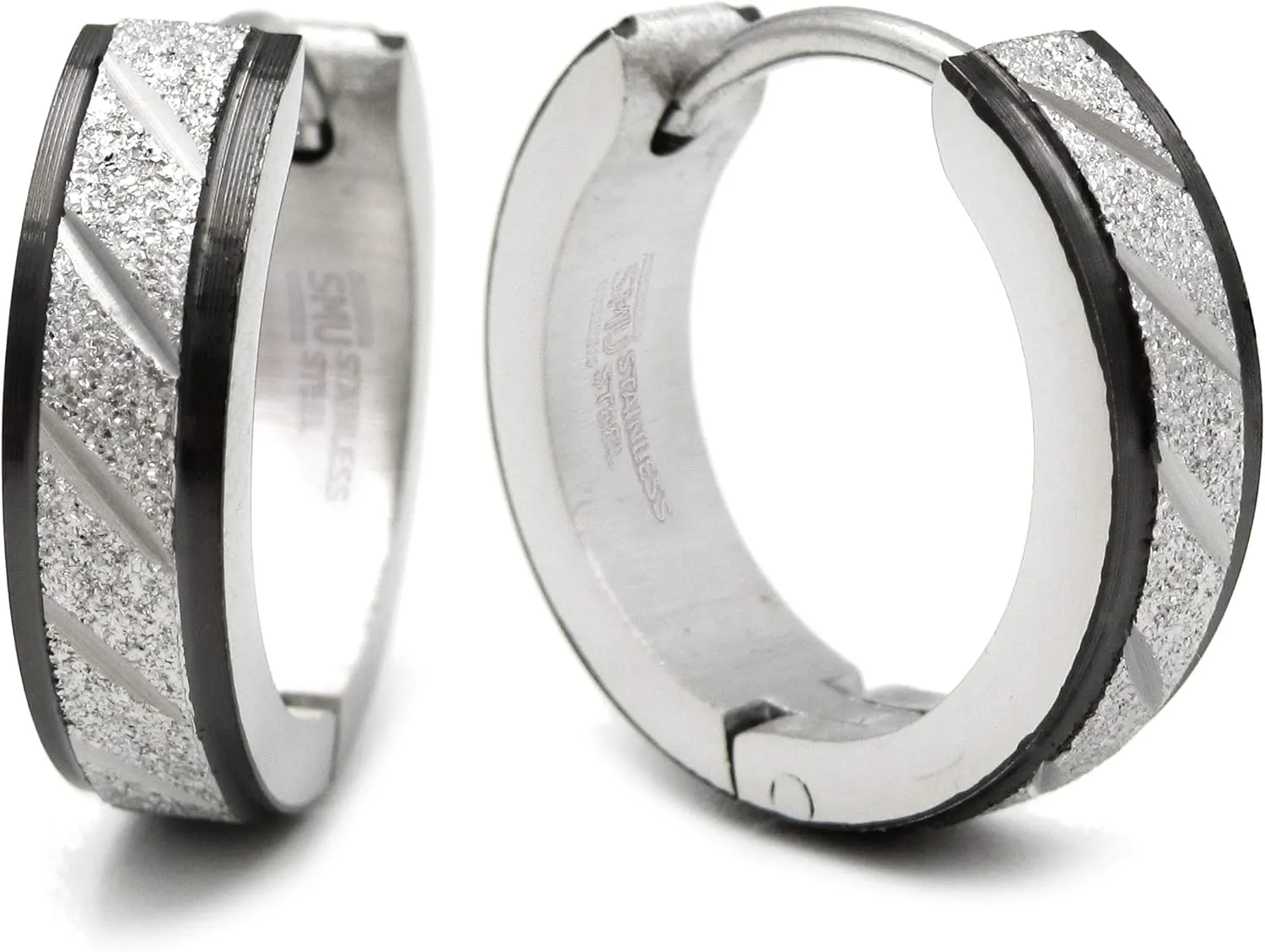 Stainless Steel Mens Hoop Earrings Stripe Bevel Edge Black Gold Color 16mm