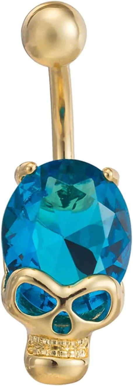 Stainless Steel Navel Rings for Women, CZ Long Navel Rings for Women Skull Gold Belly Rings