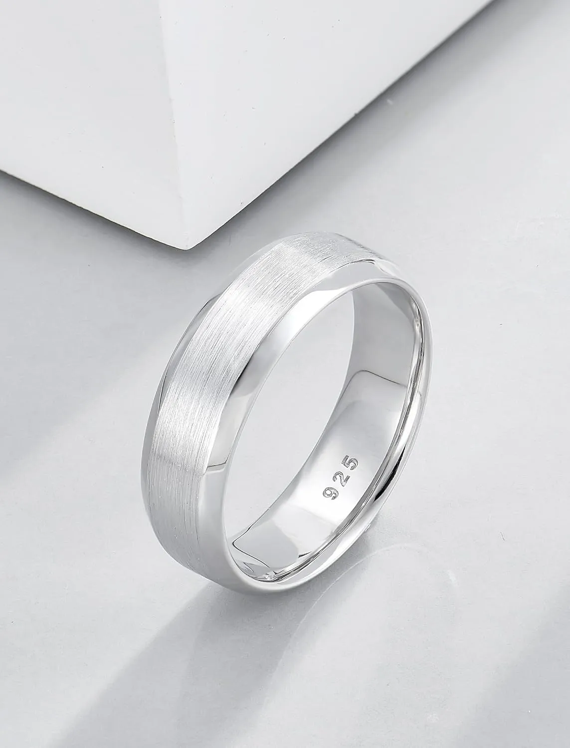 STARCHENIE 6mm Wedding Band Ring for Men Solid 925 Sterling Silver Comfort Fit Brushed Matte Finish Beveled Edge (Size 8-12) - Silver, Gold, Black